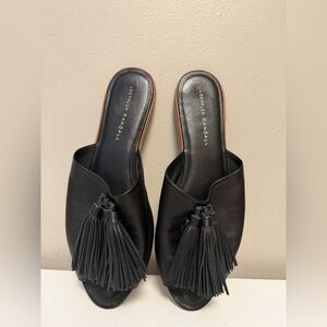 Loeffler Randall Kiki Tassel Black Pom Leather Sandals Flats Shoes Women US 8 B